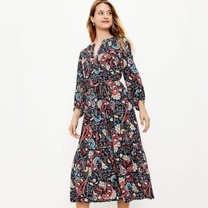 NWT Loft Maxi Shimmer Paisley Tie Neck Midi Dress Belted Navy Blue